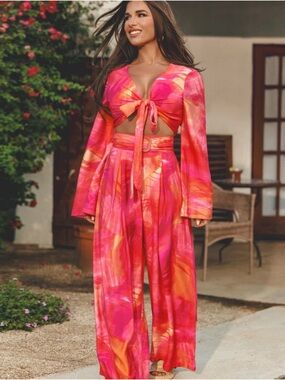 Cupshe Pink & Orange Tie-Front Crop Top with Wide-Leg Pants Set